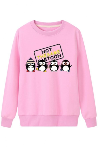 Cute Letter NOT THE SAME CARTOON Penguin Printed Long Sleeve Regular Fit Sweatshirt