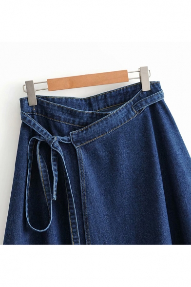 Fashion Adjustable Tied Waist Denim Dark Blue A-Line Mini Skirt