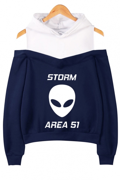 Fashion Alien Letter Storm Area Printed Cold Shoulder Long Sleeve Pullover Hoodie
