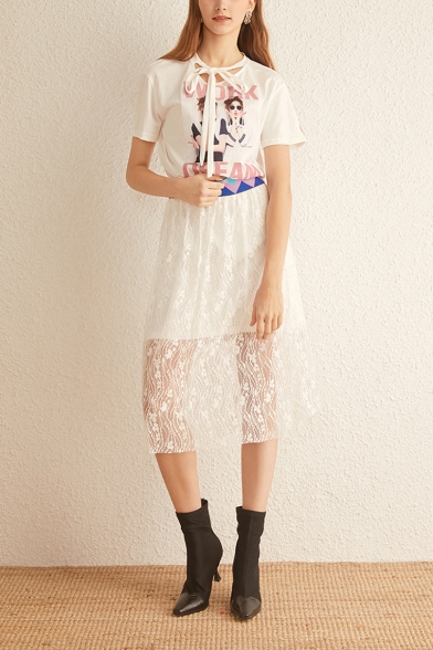 Fashion Figure Printed Casual Loose Tee with Midi Lace Skirt Two-Piece Set