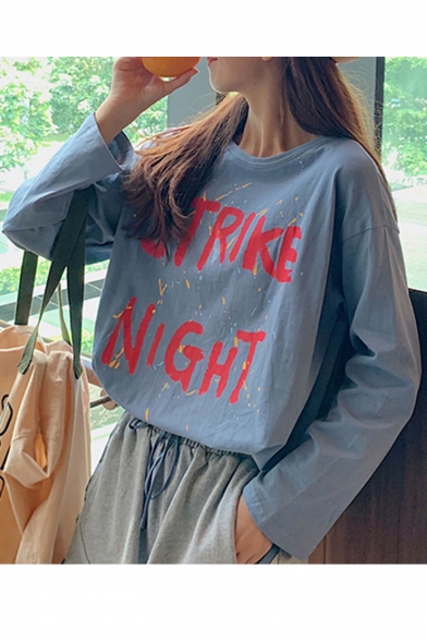 Fashion Letter STRIKE NIGHT Printed Round Neck Long Sleeve Loose Fit Blue T-Shirt
