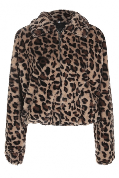 Fashionable Lapel Collar Zipper Leopard Printed Cropped Plush Coat Jacket