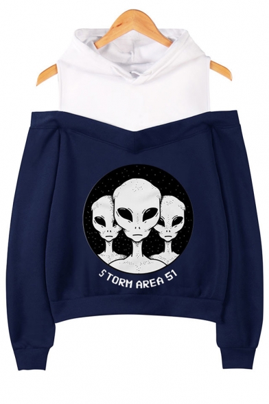 Funny Alien Letter Storm Area Printed Cold Shoulder Long Sleeve Pullover Hoodie
