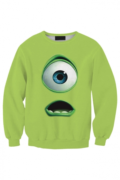 Funny Cartoon Figure Mr.Q Eye 3D Printed Long Sleeve Round Neck Green Pullover Sweatshirts