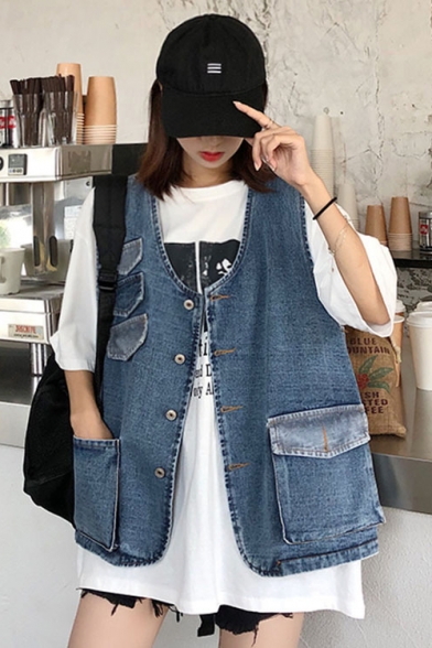 Girls Cool Street Style V-Neck Sleeveless Multi-Pocket Button Front Blue Denim Vest
