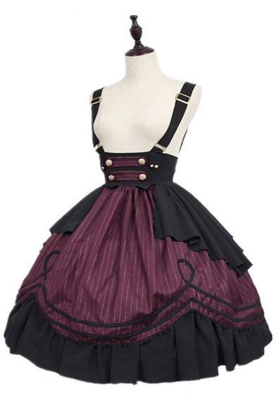 Girls Vintage Medieval Maid Cosplay Costume Button Embellished Swing Suspender Skirt