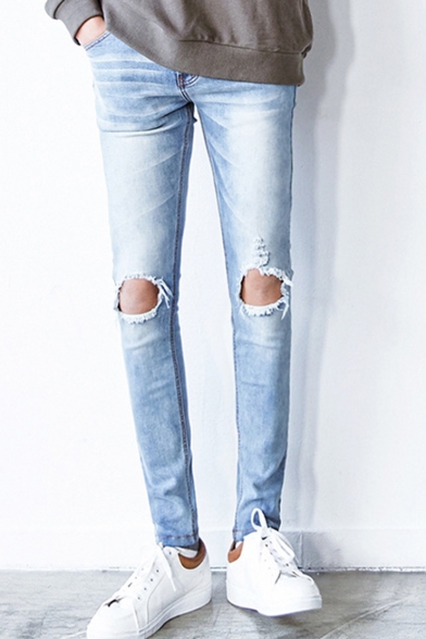 Guys Popular Fashion Simple Plain Light Blue Washed Casual Slim Ripped Jeans with Holes