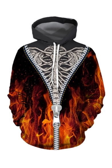 Halloween Creative Fashion Fire Zipper Skeleton 3D Printed Long Sleeve Loose Fit Black Drawstring Hoodie