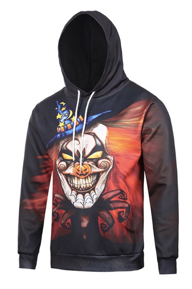 Halloween New Fashion Cool Skull Clown Printed Long Sleeve Black Drawstring Hoodie