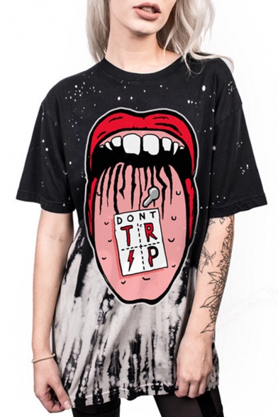 Hot Fashion Letter DONT Comic Mouth Pattern Round Neck Short Sleeve Black Loose Casual T-Shirt