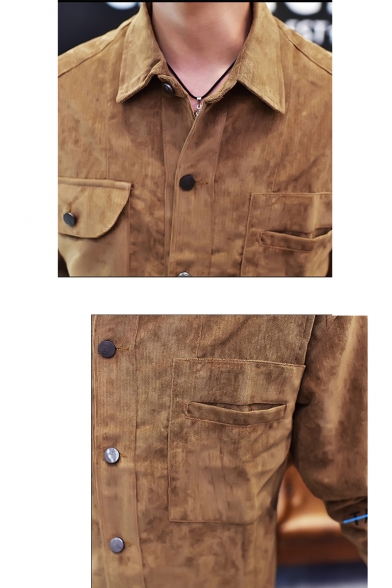 Hot Fashion Plain Corduroy Lapel Collar Button Closure Pockets Casual Jacket for Men