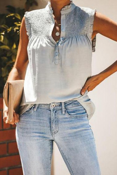 Hot Fashion Pleated Patched V-Neck Sleeveless Plain Blouse Top