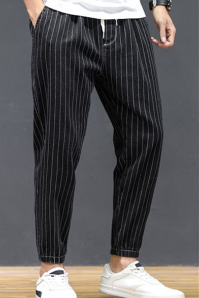 Hot Fashion Stripe Pattern Drawstring Waist Elastic Cuffs Men's Casual Tapered Pants