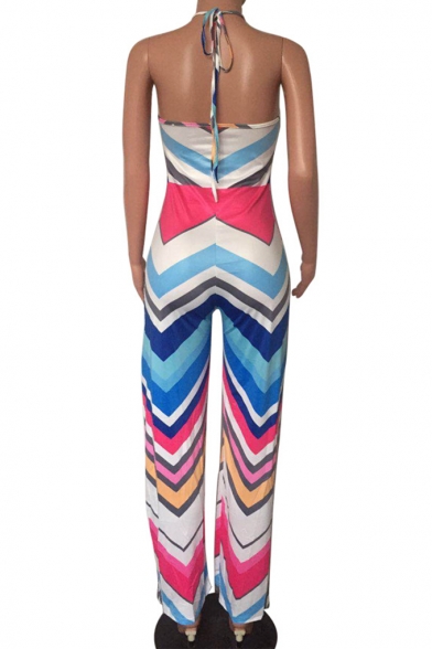 Hot Popular Halter Neck Sleeveless Wave Striped Casual Loose Jumpsuits
