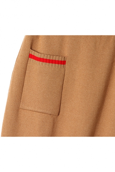 Hot Popular Khaki Elastic Waist Contrast Trim Stretch Midi Knitted Skirt with Pocket