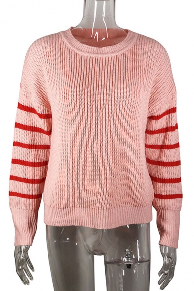 Hot Popular Womens Stripes Print Round Neck Drop Sleeve Boxy Chenille Sweater
