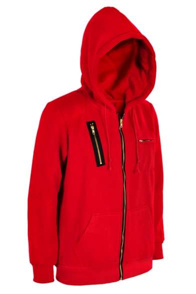 Money Heist Cosplay Costume Chest Zippered Pocket Red Hooded Coat