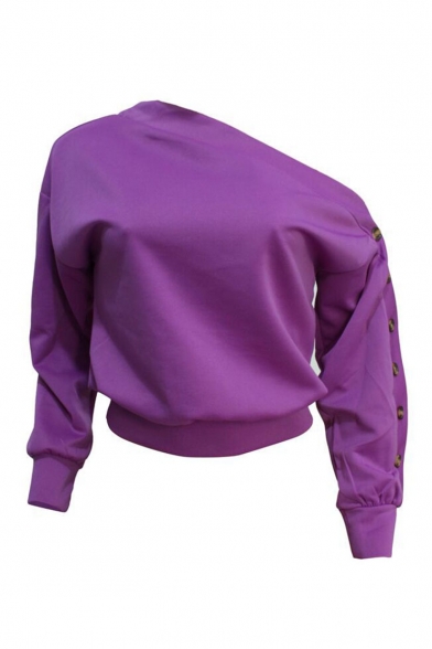 Hot Sexy Plain One Shoulder Long Sleeve Multi Button Side Sweatshirt