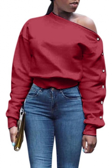 Hot Sexy Plain One Shoulder Long Sleeve Multi Button Side Sweatshirt