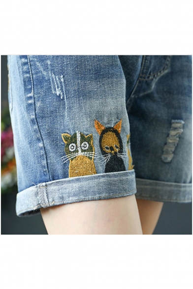 Hot Trendy Burnout Drawstring Waist Distressed Rolled Cuff Cat Embroidered Cotton Denim Shorts