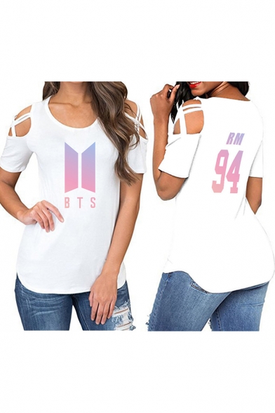 Hot Trendy Cold Shoulder Kpop Logo Printed Round Neck Relaxed Fit T-Shirt