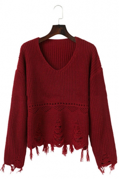 Ladies Plain Tassel Hem Ribbed Knit V-Neck Crop Sleeve Shredded Sweater