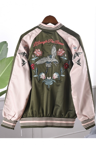 Leisure Girls Embroidery Bird and Flowers Printed Color-Block Zipper Green Baseball Jacket