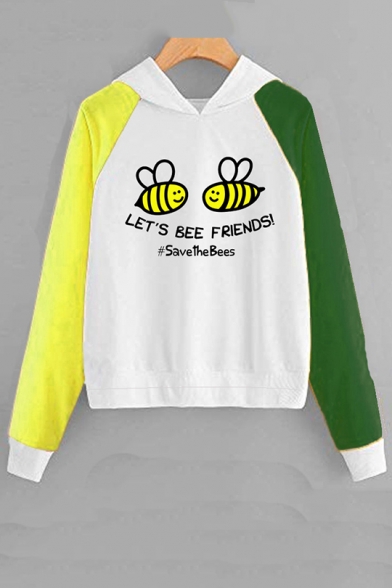 LET'S BEE FRIENDS Save The Bees Letter Bee Printed Color Block Long Sleeve Hoodie