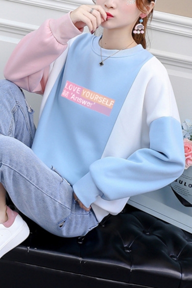 Letter Love Yourself Answer Colorblocked Long Sleeve Round Neck Sweatshirt
