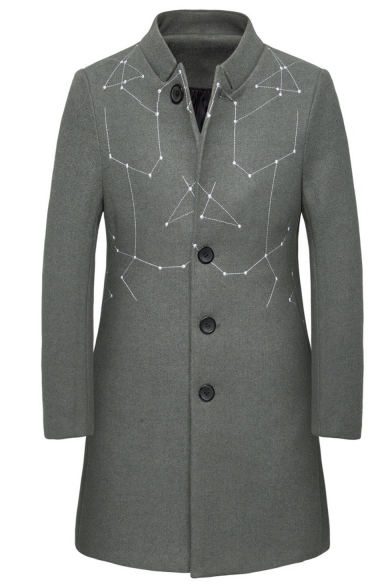 Men's Hot Popular Notched Lapel Collar Single Breasted Embroidery Print Mid-Length Casual Peacoat