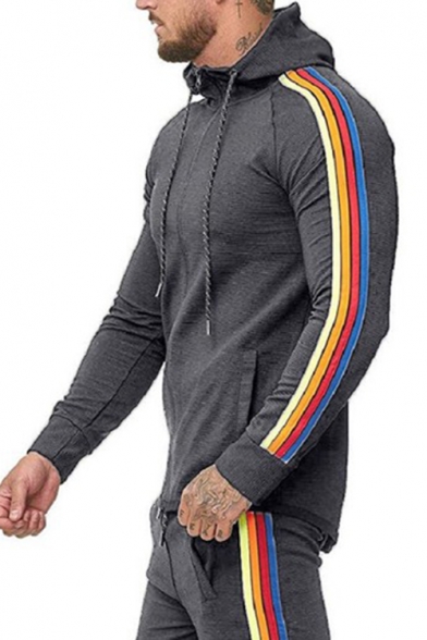 Men's New Fashion Contrast Stripe Side Long Sleeve Drawstring Hooded Slim Fit Sports Zip Up Hoodie