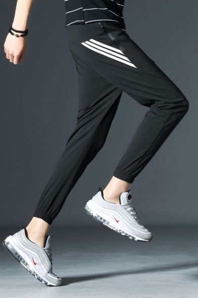 Men's New Fashion Stripe Pattern Drawstring Waist Elastic Cuffs Casual Track Pants with Side Zipped Pocket