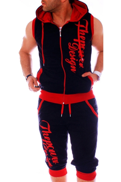 Men's Summer New Fashion Contrast Trim Letter Printed Sleeveless Zip Up Hoodie Cropped Sweatpants Casual Sports Two-Piece Set