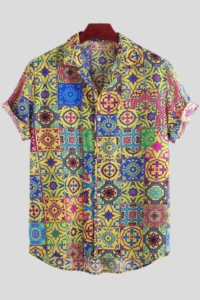 Mens Hot Stylish Ethnic Short Sleeve Button Down Tribal Printed Casual Shirt