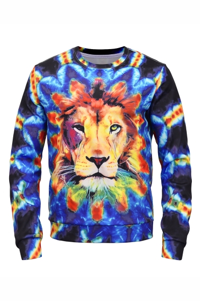 Mens New Fashion Tie Dyeing Lion 3D Printed Long Sleeve Round Neck Blue Pullover Sweatshirts