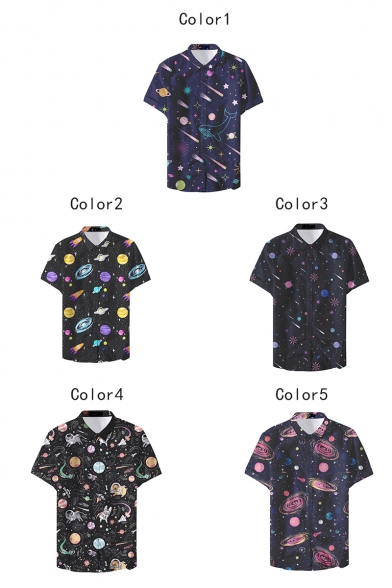 Mens New Trendy Funny Galaxy Pattern Basic Short Sleeve Button Up Nightclub Shirt