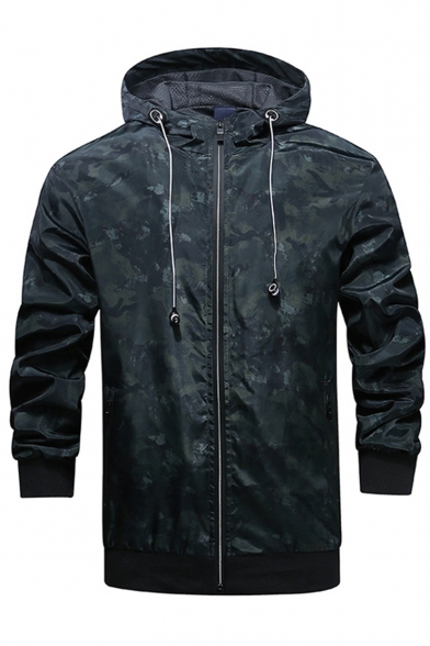 Mens Outdoor Fashion Camo Pattern Long Sleeve Protection Zip Up Hooded Sport Jacket Coat