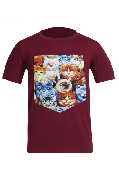 Mens Red Cat Printed Short Sleeve Round Neck Straight Leisure T Shirt