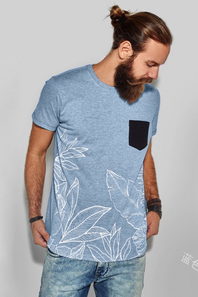 New Arrival Mens Short Sleeve Floral Printed Pocket Patch Leisure Basic T-Shirt