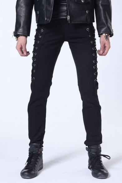 New Arrival Punk Style Cool Crisscross Side Simple Plain Slim Fitted Mens Casual Pencil Pants