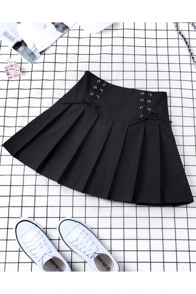 New Arrival Summer Sweet High Waist Lace Up Front Check Print Pleated A-Line Mini Skirt with Lining