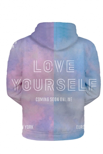 New Fashion Colorblock Letter LOVE YOURSELF 3D Printed Purple and Blue Long Sleeve Pullover Hoodie