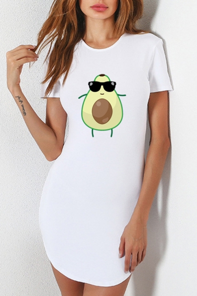 New Fashion Funny Letter Avocado Printed Short Sleeve Round Neck White Asymmetrical Sheath T-Shirt Mini Dress