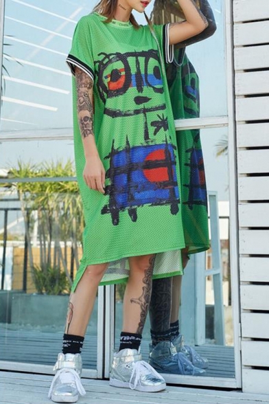 New Fashion Round Neck Short Sleeve Graffiti Print Letter High Low Green Shift T-Shirt Dress