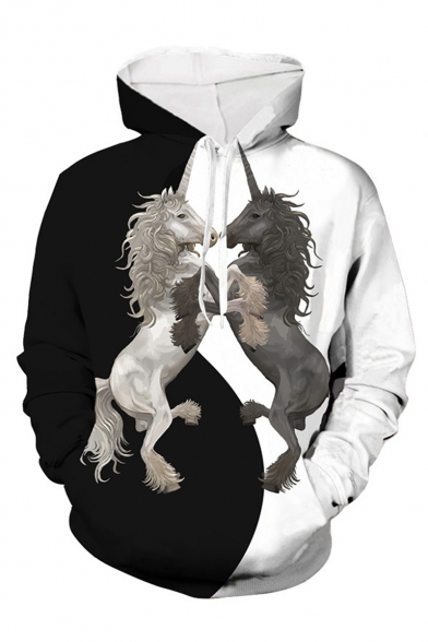 New Stylish Black and White Colorblock Unicorn Animal 3D Printed Long Sleeve Loose Fit Drawstring Hoodie