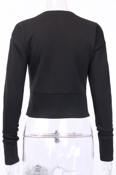 New Stylish Black Button Neck Long Sleeve Crop Pullover Sweatshirt