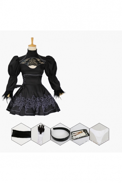 New Stylish Black Comic Girl Cosplay Costume Puff Long Sleeve Cutout Front Mini A-Line Swing Dress