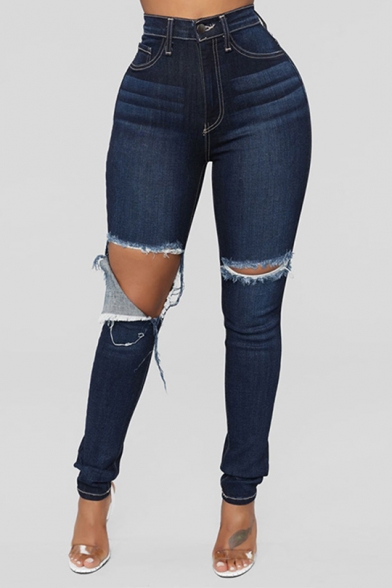 New Stylish High Waist Busted Knees Dark Wash Skinny Jeans