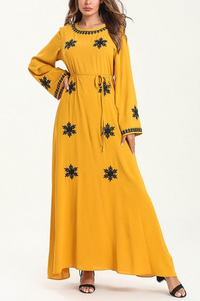 New Stylish Round Neck Long Sleeve Snowflake Print Bow-Tied Waist Yellow A-Line Maxi Dress