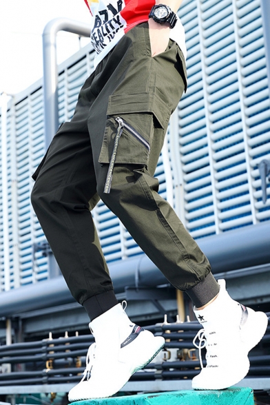 New Stylish Simple Plain Letter Ribbon Zip Embellished Casual Trendy Cargo Pants with Side Pocket for Men